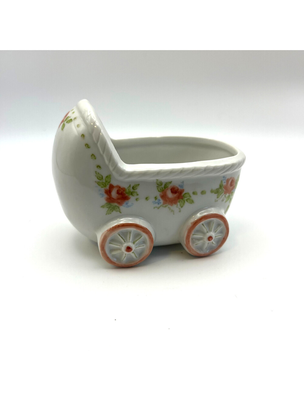 Vintage Hand Painted Ceramic Baby Carriage Pink Roses Nursery Cottage Decor